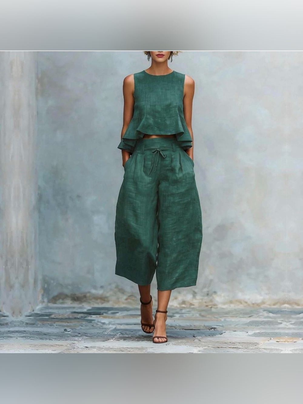 Linen  Outfit Set Round neck
 Tank Crop Top Wide Leg pants  with Pockets